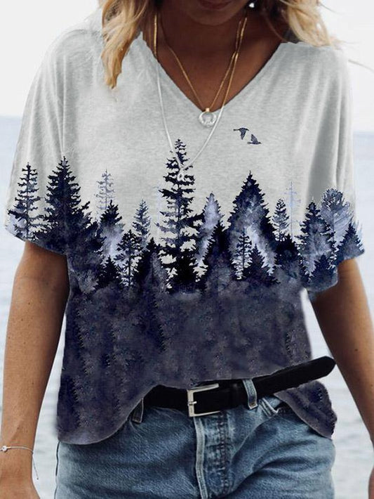 Forest Print Short-sleeved V-neck T-shirt - LuckyFash™