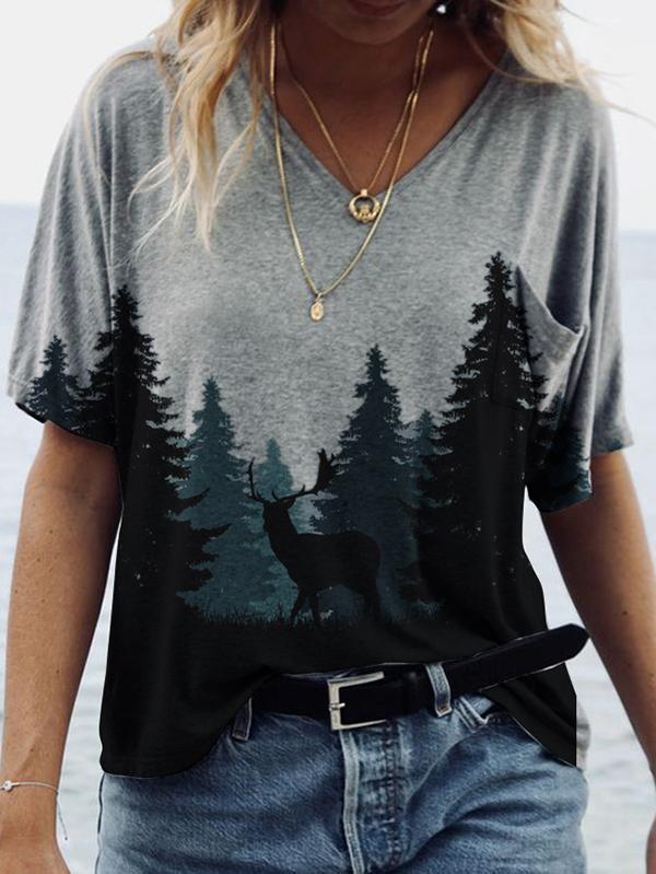 Forest Print Short-sleeved V-neck T-shirt - LuckyFash™