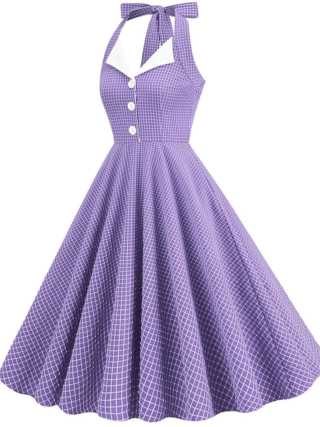 Women's Elegant Retro Vintage Dress Midi Dress Outdoor Daily Ruched Backless Plaid Halter Sleeveless Slim Summer Spring 2023 Lake blue Almond S M L XL - LuckyFash™