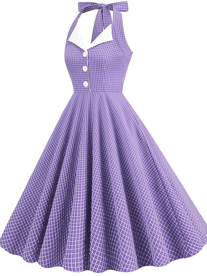 Women's Elegant Retro Vintage Dress Midi Dress Outdoor Daily Ruched Backless Plaid Halter Sleeveless Slim Summer Spring 2023 Lake blue Almond S M L XL - LuckyFash™