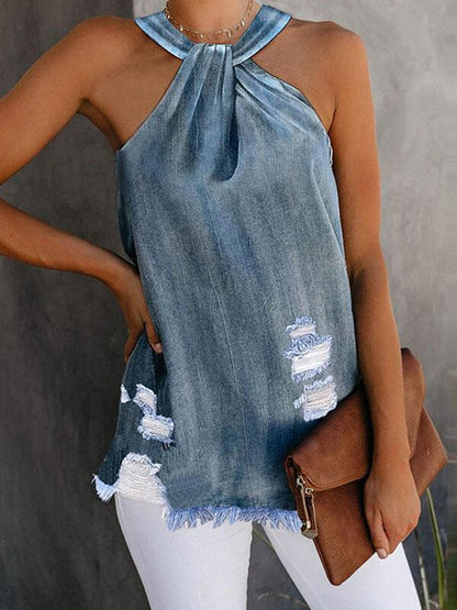 Frayed Casual Loose Washed Denim Tank Top - LuckyFash™