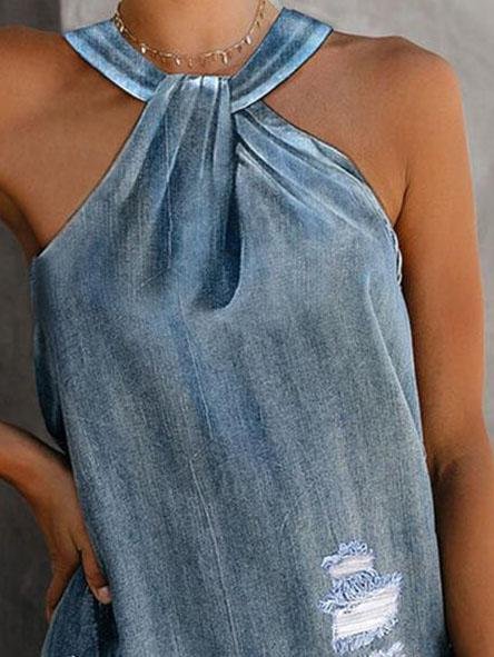 Frayed Casual Loose Washed Denim Tank Top - LuckyFash™
