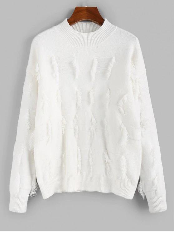 Frayed Detail Mock Neck Drop Shoulder Sweater - LuckyFash™
