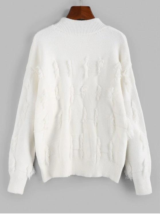 Frayed Detail Mock Neck Drop Shoulder Sweater - LuckyFash™