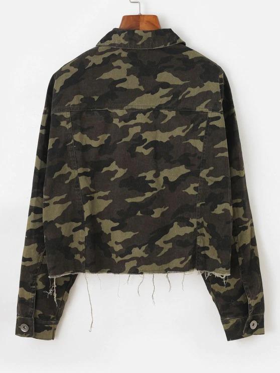 Frayed Hem Camouflage Button Up Cargo Jacket - LuckyFash™