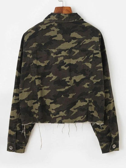 Frayed Hem Camouflage Button Up Cargo Jacket - LuckyFash™