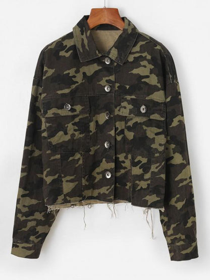 Frayed Hem Camouflage Button Up Cargo Jacket - LuckyFash™