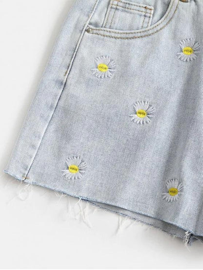 Frayed Hem Daisy Embroidered Denim Shorts - LuckyFash™