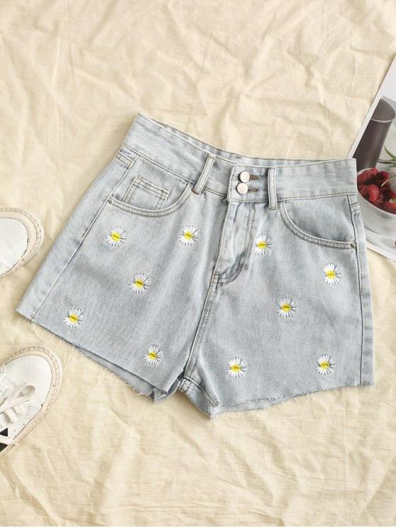 Frayed Hem Daisy Embroidered Denim Shorts - LuckyFash™