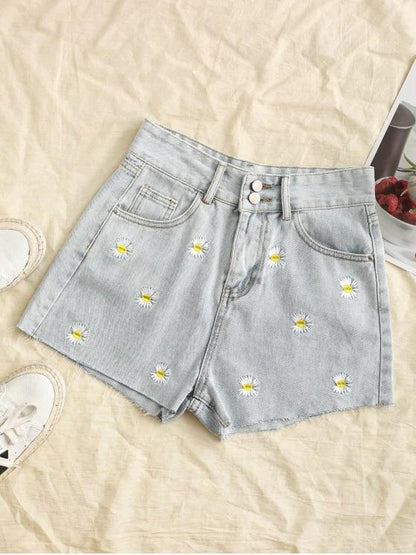 Frayed Hem Daisy Embroidered Denim Shorts - LuckyFash™