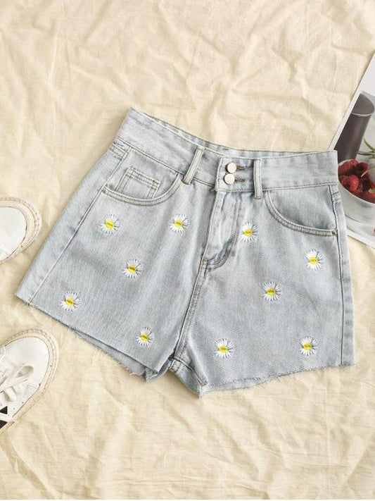 Frayed Hem Daisy Embroidered Denim Shorts - LuckyFash™