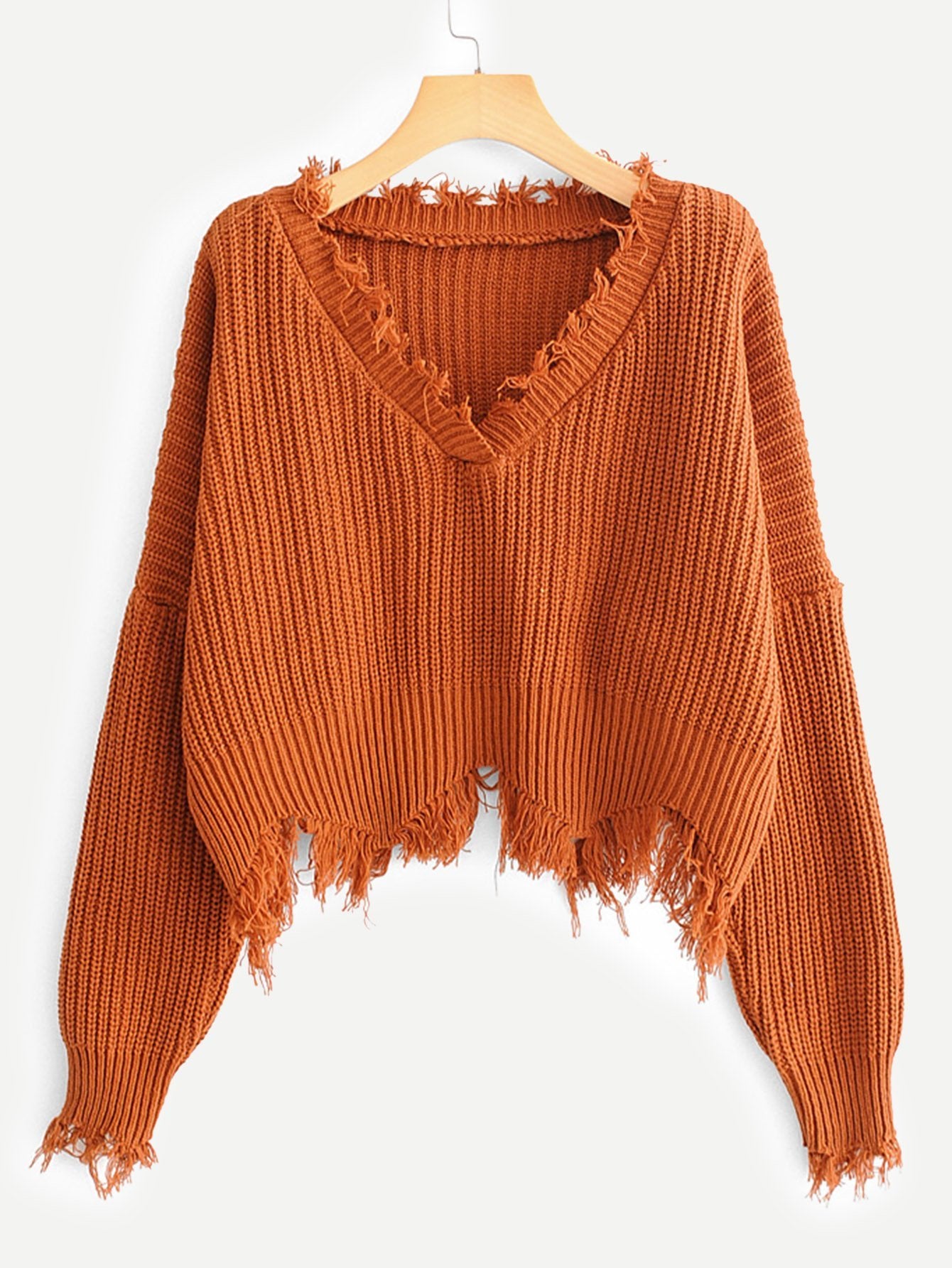 Frayed Trim Drop Shoulder Sweater - LuckyFash™