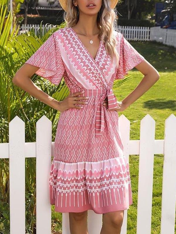French Printed V-neck Short-sleeved Lace-up Dress - LuckyFash™
