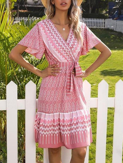 French Printed V-neck Short-sleeved Lace-up Dress - LuckyFash™