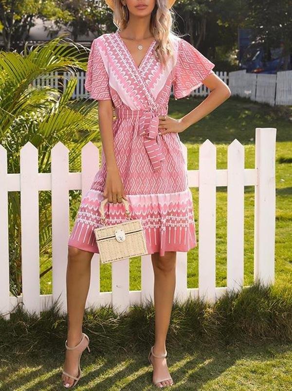 French Printed V-neck Short-sleeved Lace-up Dress - LuckyFash™