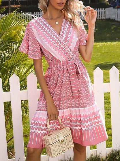 French Printed V-neck Short-sleeved Lace-up Dress - LuckyFash™