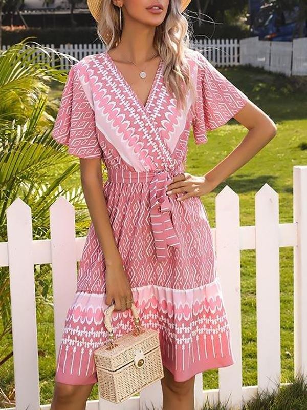 French Printed V-neck Short-sleeved Lace-up Dress - LuckyFash™