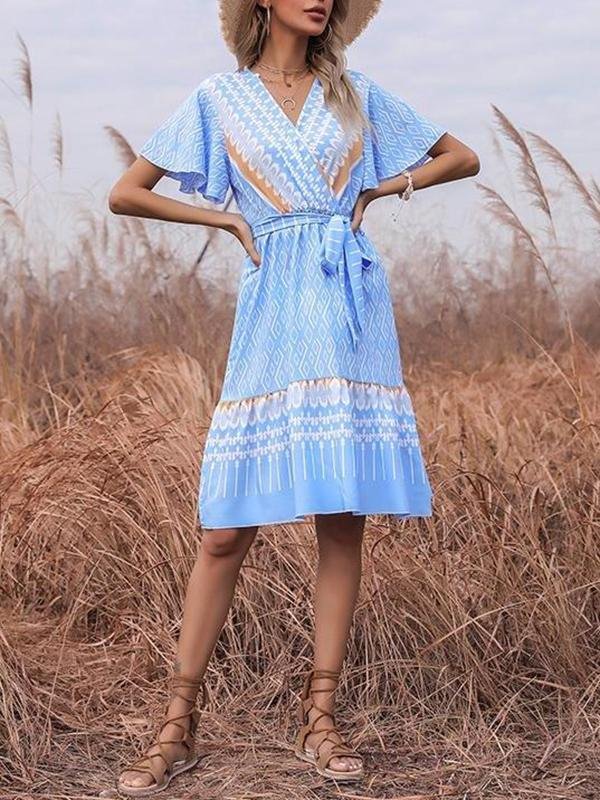 French Printed V-neck Short-sleeved Lace-up Dress - LuckyFash™