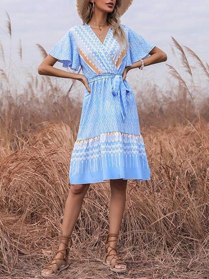 French Printed V-neck Short-sleeved Lace-up Dress - LuckyFash™