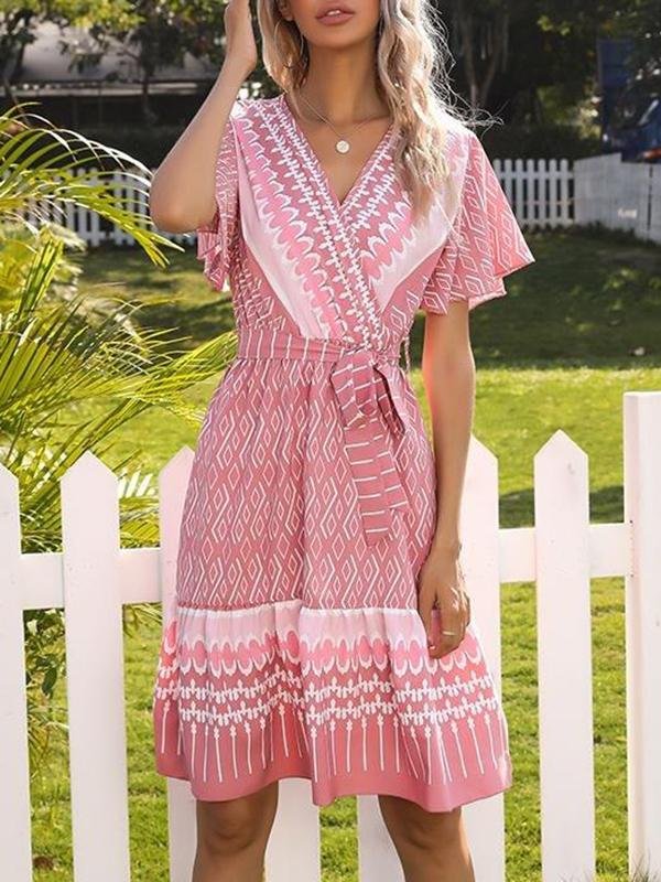 French Printed V-neck Short-sleeved Lace-up Dress - LuckyFash™