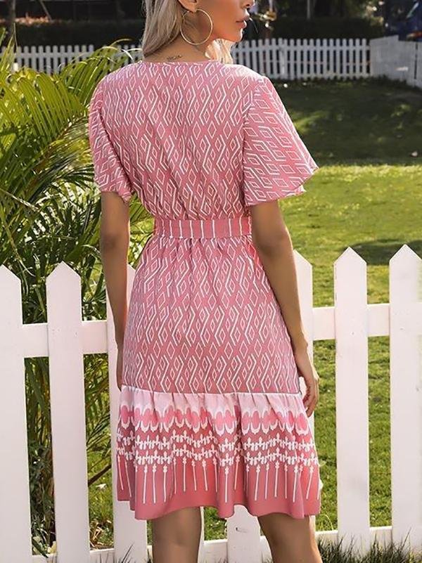French Printed V-neck Short-sleeved Lace-up Dress - LuckyFash™