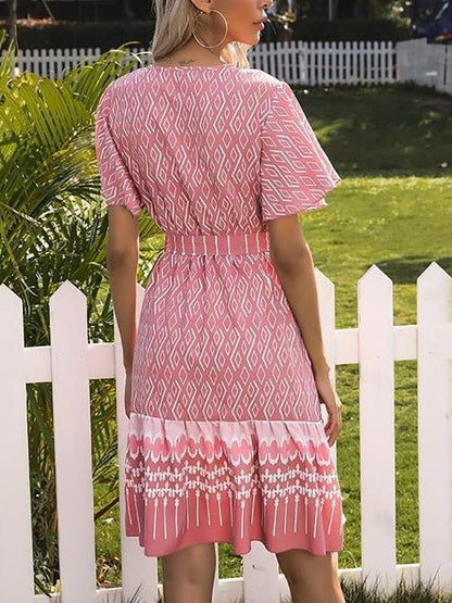 French Printed V-neck Short-sleeved Lace-up Dress - LuckyFash™