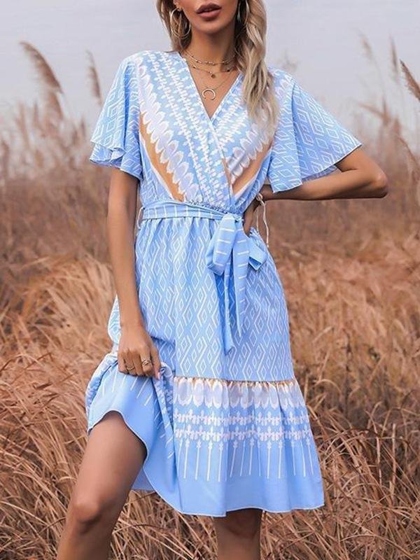 French Printed V-neck Short-sleeved Lace-up Dress - LuckyFash™