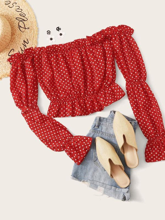 Frill Flounce Sleeve Polka Dot Bardot Blouse - LuckyFash™