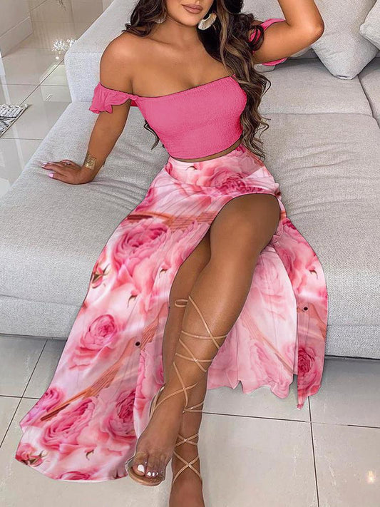 Frill Trim Crop Top & Floral Print High Slit Maxi Skirt Sets - LuckyFash™