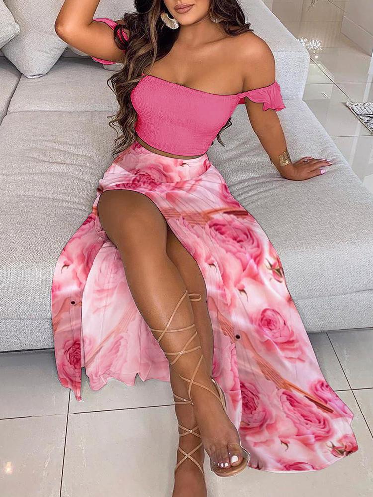 Frill Trim Crop Top & Floral Print High Slit Maxi Skirt Sets - LuckyFash™