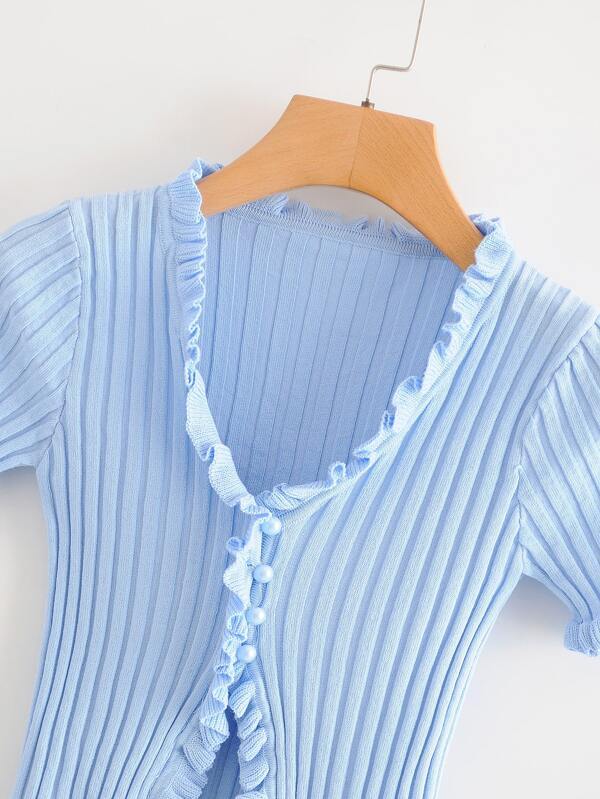 Frill Trim Ribbed Knit Cardigan - LuckyFash™