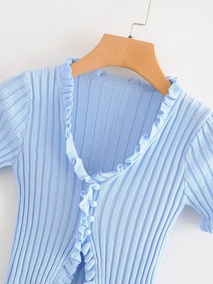 Frill Trim Ribbed Knit Cardigan - LuckyFash™