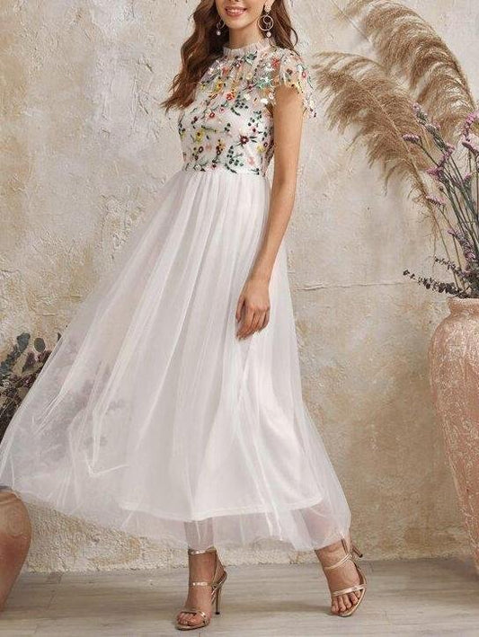 Frilled Neck Floral Embroidered Mesh 2 In 1 Dress - LuckyFash™