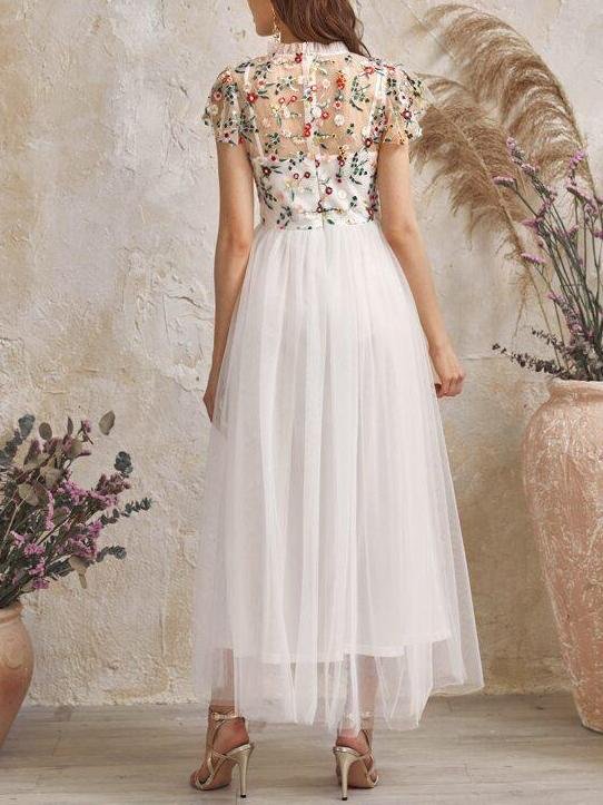 Frilled Neck Floral Embroidered Mesh 2 In 1 Dress - LuckyFash™