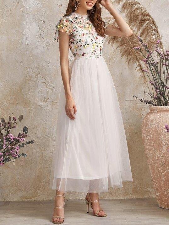 Frilled Neck Floral Embroidered Mesh 2 In 1 Dress - LuckyFash™