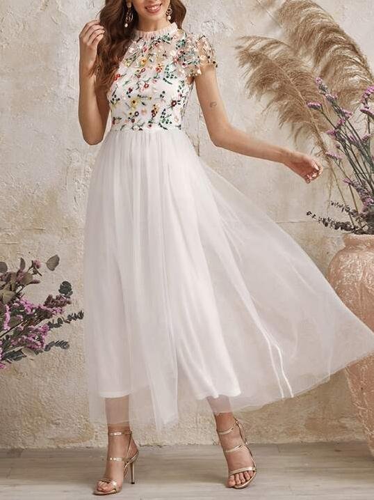 Frilled Neck Floral Embroidered Mesh 2 In 1 Dress - LuckyFash™