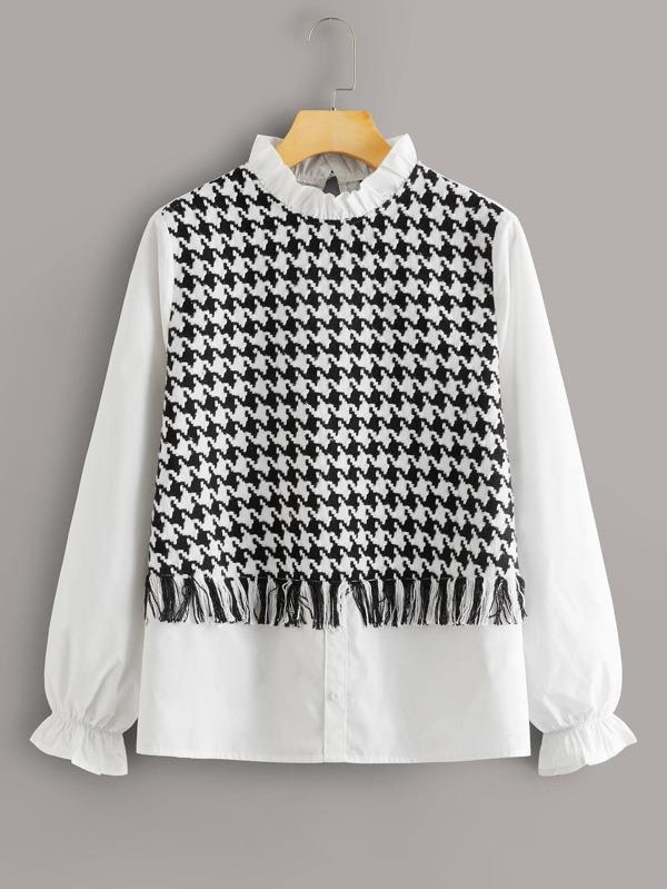 Frilled Neck Mixed Media Houndstooth Blouse - LuckyFash™