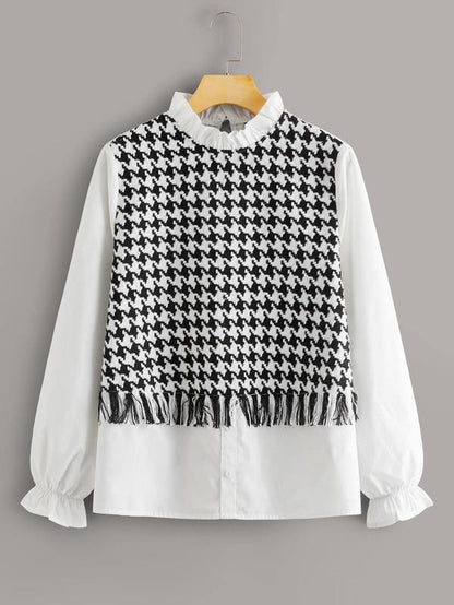 Frilled Neck Mixed Media Houndstooth Blouse - LuckyFash™