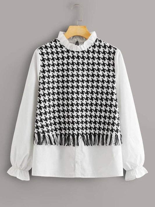 Frilled Neck Mixed Media Houndstooth Blouse - LuckyFash™