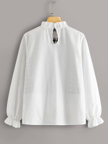 Frilled Neck Mixed Media Houndstooth Blouse - LuckyFash™