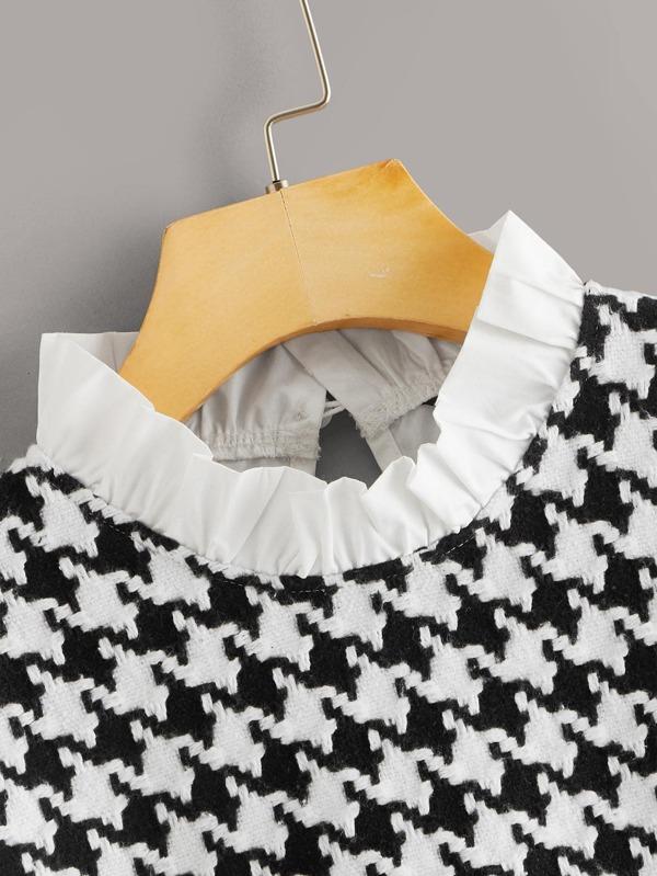 Frilled Neck Mixed Media Houndstooth Blouse - LuckyFash™