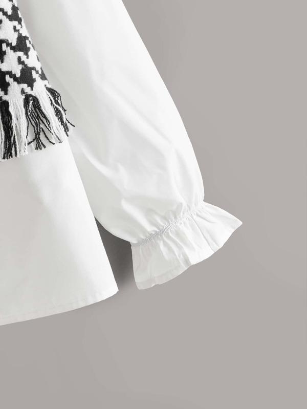 Frilled Neck Mixed Media Houndstooth Blouse - LuckyFash™