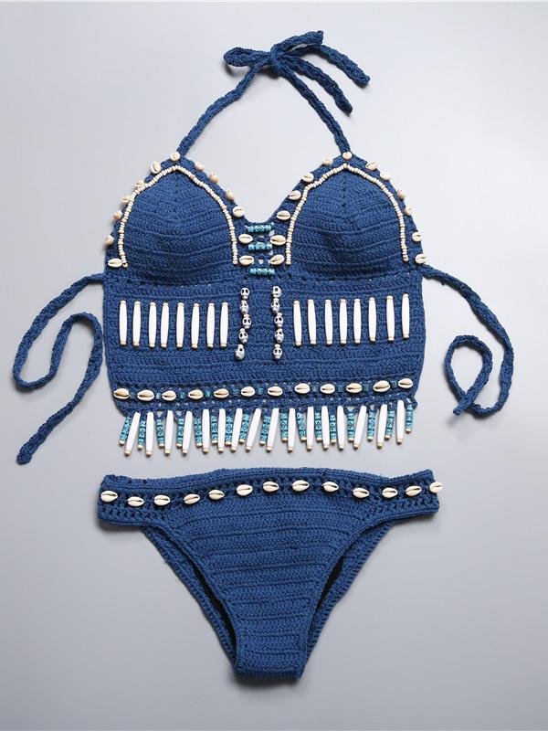 Fringe Halter Crochet Triangle Bikini Two Piece Swimsuit - LuckyFash™