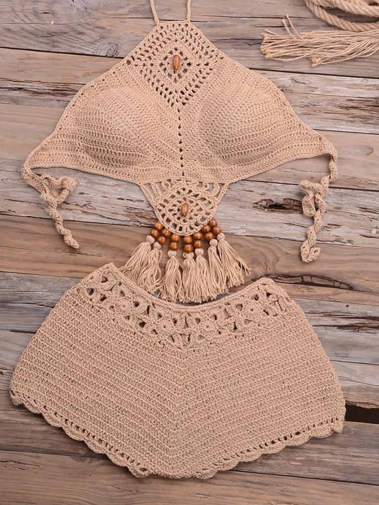 Fringe High Waist Crochet High Neck Bikini Two Piece Swimsuit - LuckyFash™