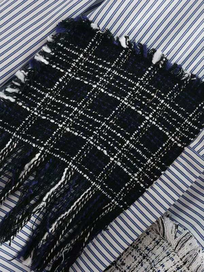 Fringe Trim Tweed Panel Striped Shirt - LuckyFash™