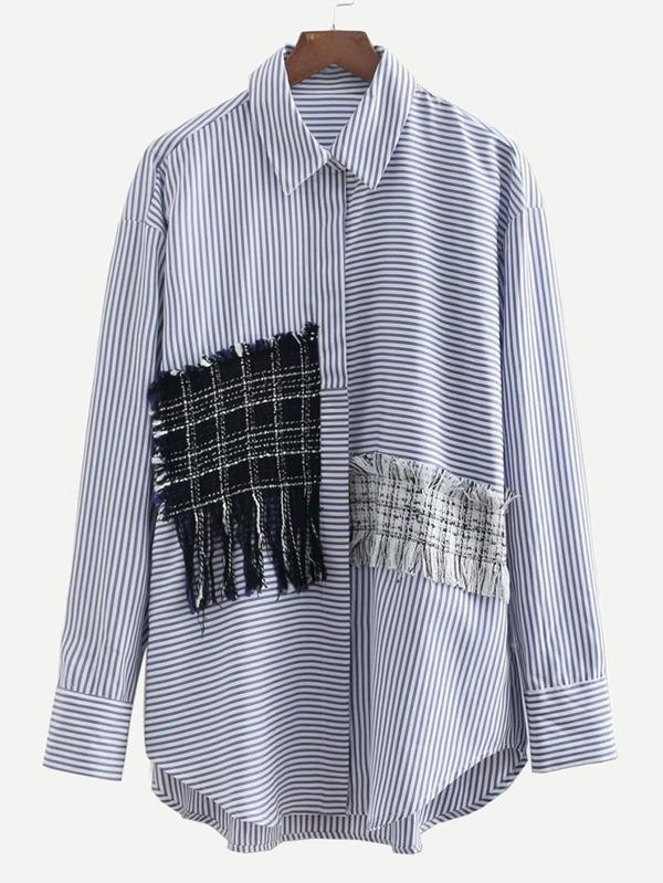 Fringe Trim Tweed Panel Striped Shirt - LuckyFash™
