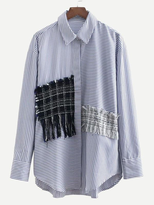 Fringe Trim Tweed Panel Striped Shirt - LuckyFash™