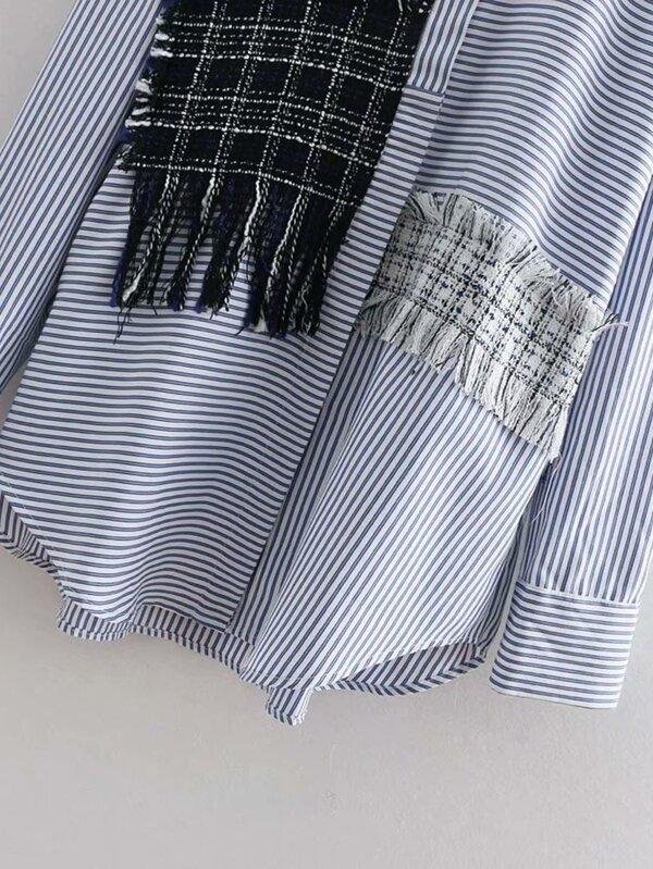 Fringe Trim Tweed Panel Striped Shirt - LuckyFash™