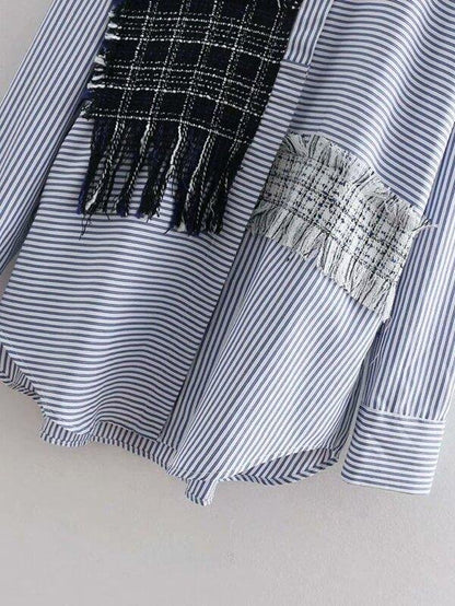 Fringe Trim Tweed Panel Striped Shirt - LuckyFash™