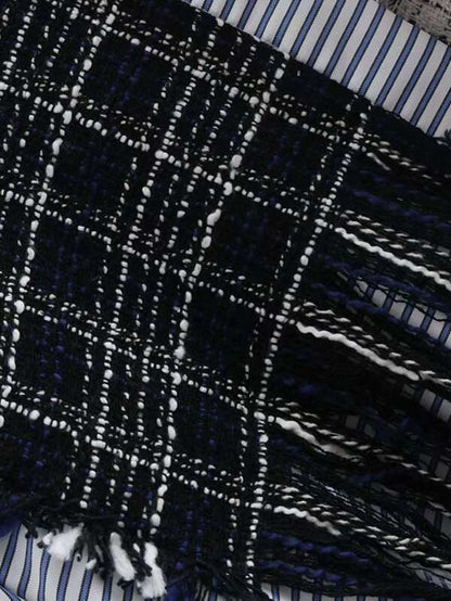 Fringe Trim Tweed Panel Striped Shirt - LuckyFash™